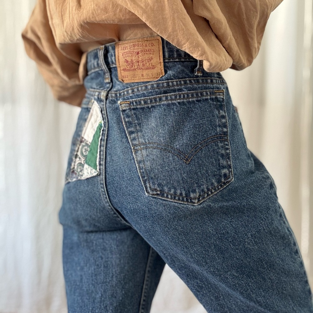 Vintage Levi’s 512 mid blue jeans with patchwork repairs handmade quilt